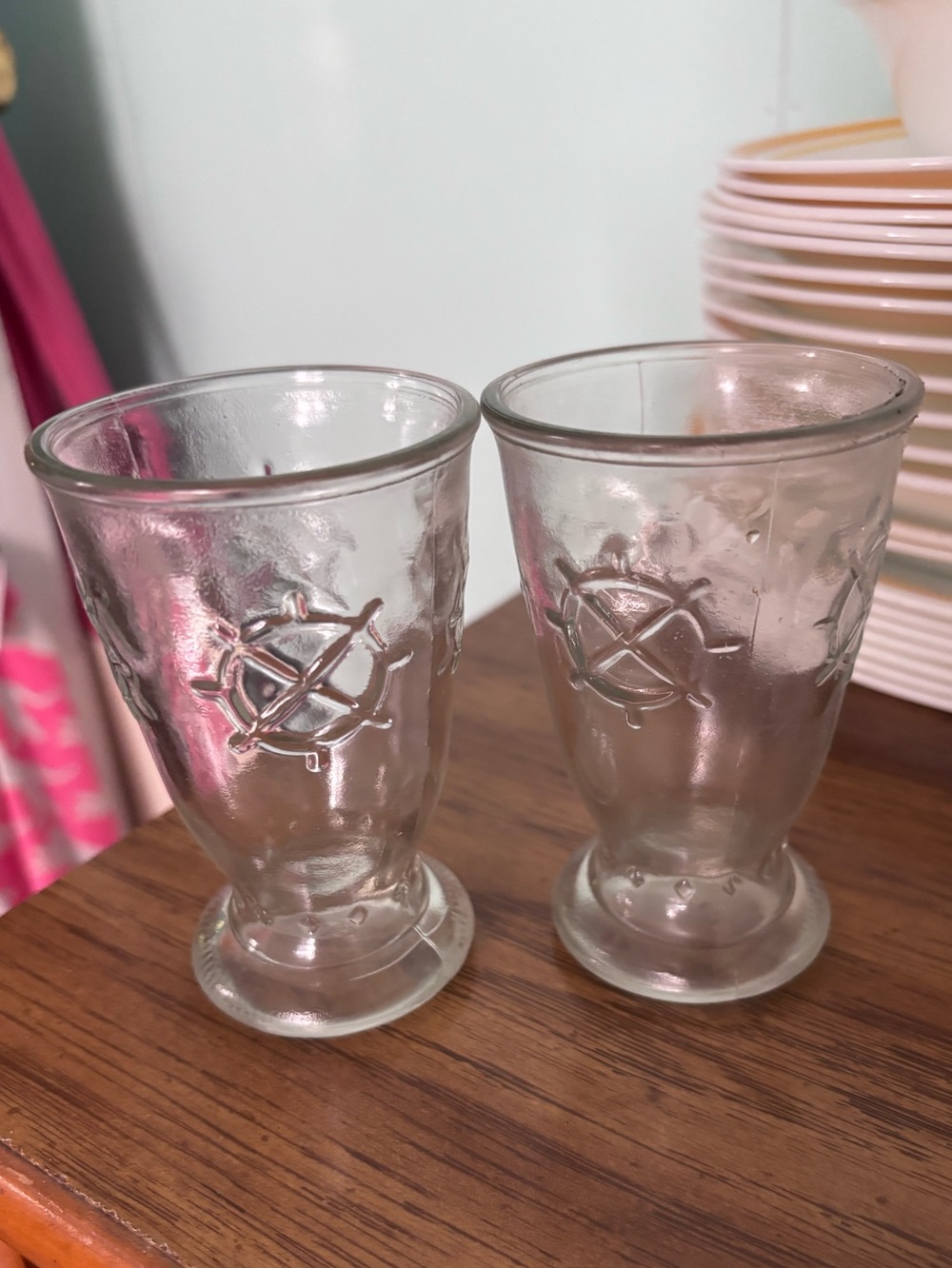 Vintage Embossed Clear Glass Shrimp cocktail glasses with Nautical Wheel Motif